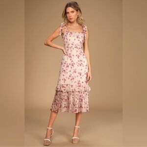 Lulu's Terrace Views Taupe Floral Print Tiered Midi Dress Size Medium
